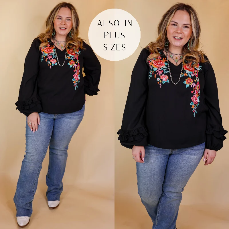 Fashion Forward Vineyard Villa Floral Embroidered Top with Long Ruffle Sleeves in Black