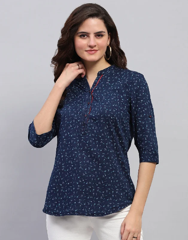 Statement Fashion Offers Women Navy Blue Printed Mandarin collar 3/4 Sleeve Top