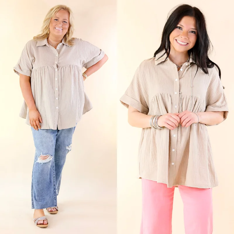 Flash Sale Starts Mellow Mood Collared Button Up Babydoll Top in Taupe