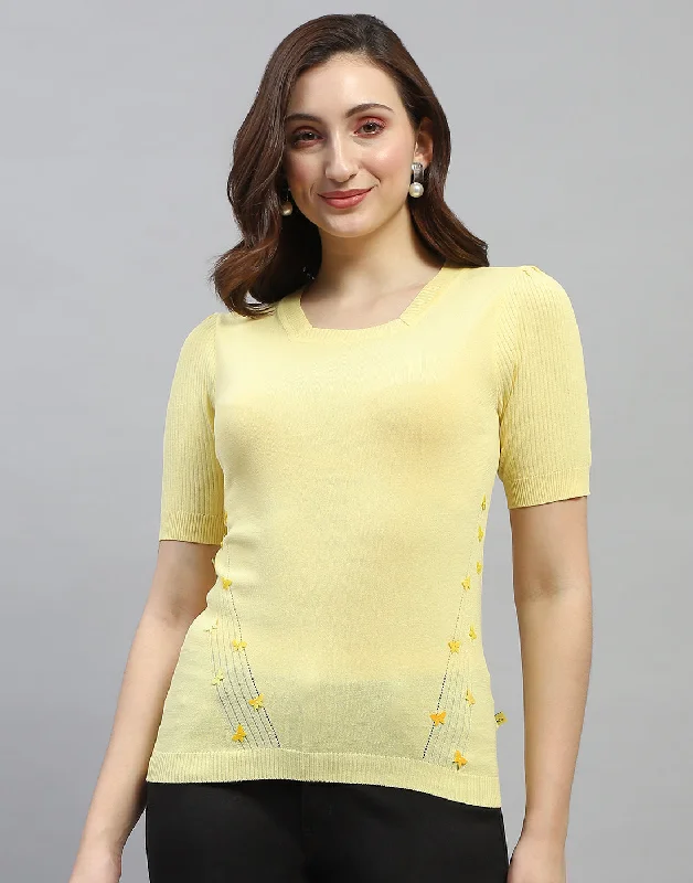 Latest Trends Women Yellow Solid Round Neck Half Sleeve Top