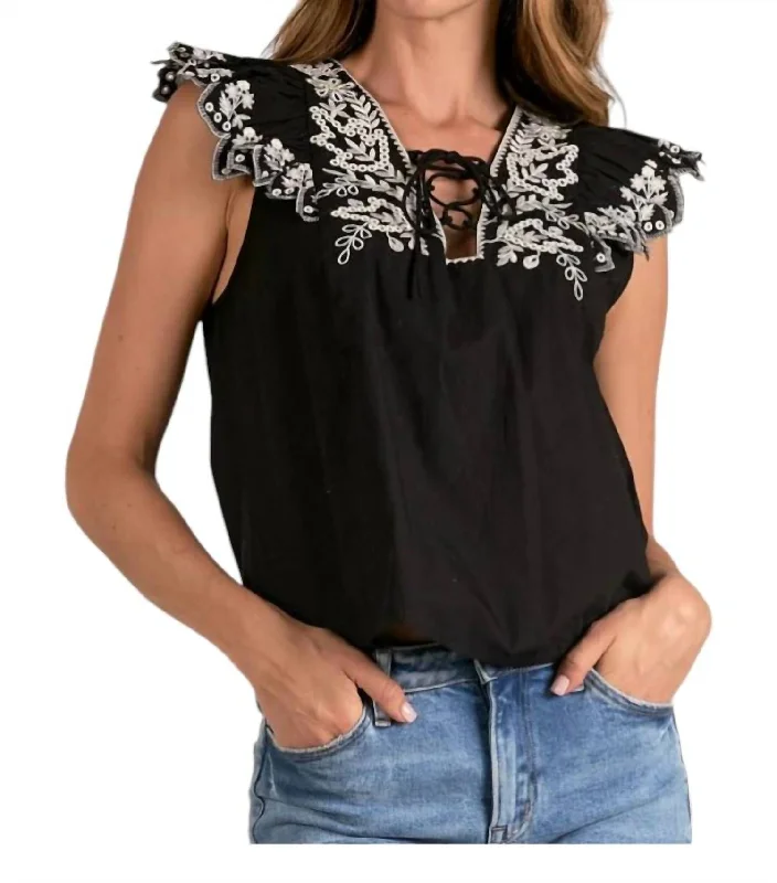 Inspired By You, Designed For You Jacklyn Flutter Sleeve Embroidered Top In Black Natural