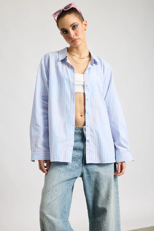 Shop The Hottest Deals Relaxed Fit Cotton Women's Blue Shirt With Pink Stripes