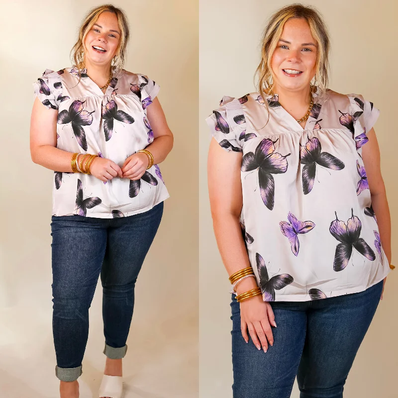 Discount Extravaganza Butterfly Fly Away Top with Butterfly Print in Muted Purple