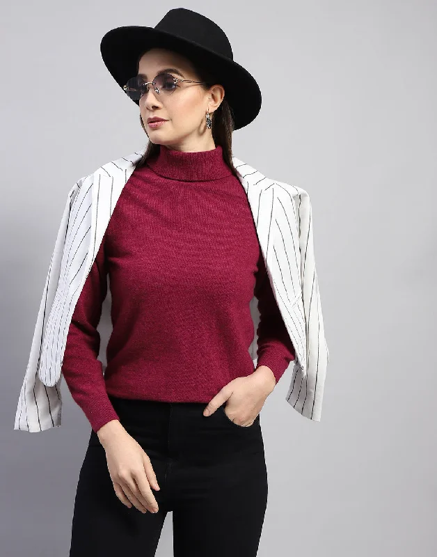 Exclusive Discounts Women Maroon Solid High Neck Full Sleeve Top