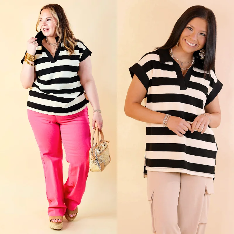 Big Savings Stripe it Simple Collared Stripe Top with Drop Sleeves in Black and Cream