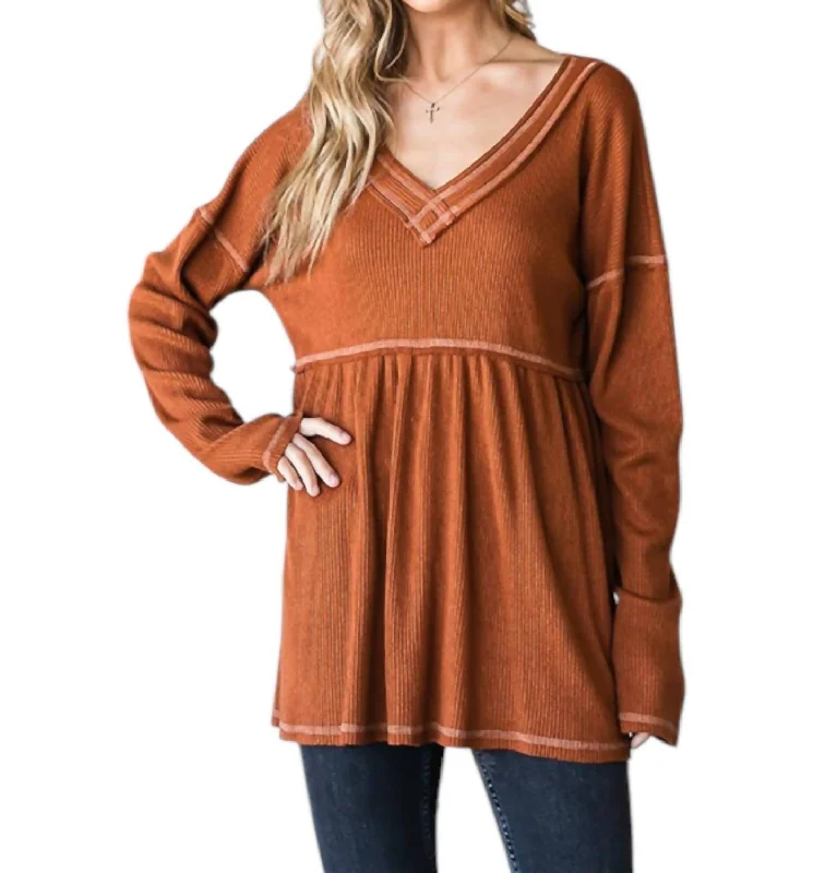 Comfortable Chic Waffle Knit Babydoll Top In Rust