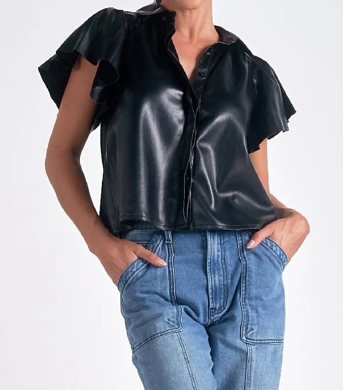 Affordable Trendy Fashion Leather Flutter Sleeve Top In Black