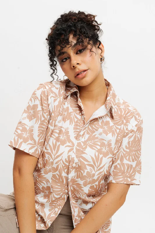 Classic Elegance Sales Beige Tropical Print Shirt