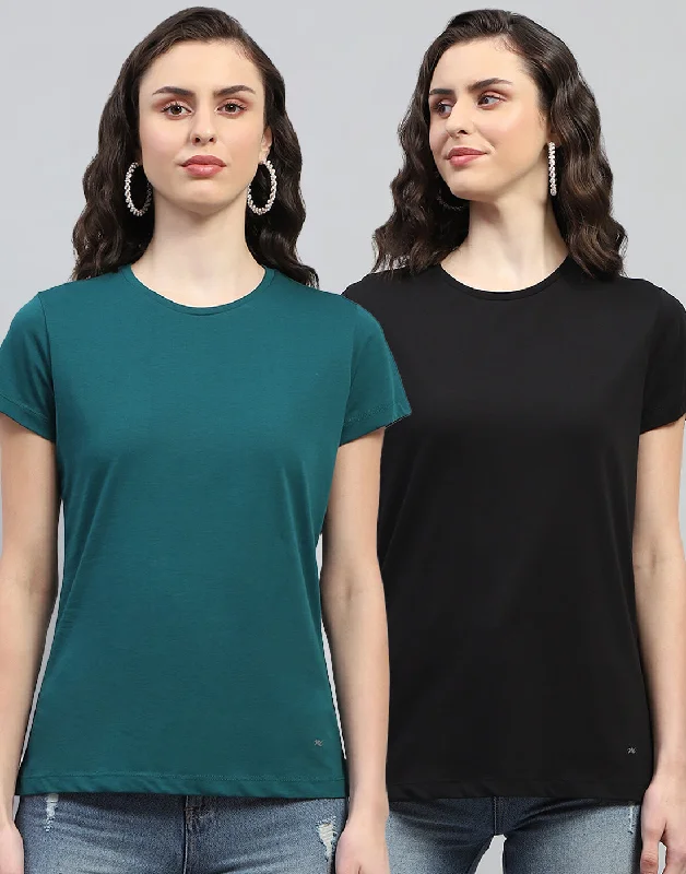 Limited Stock, Big Sale Women Teal Blue & Black Solid Round Neck Half Sleeve Top (Pack of 2)