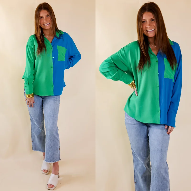 Effortless Style, Endless Impact Play It Up Color Block Button Up Top in Blue and Green