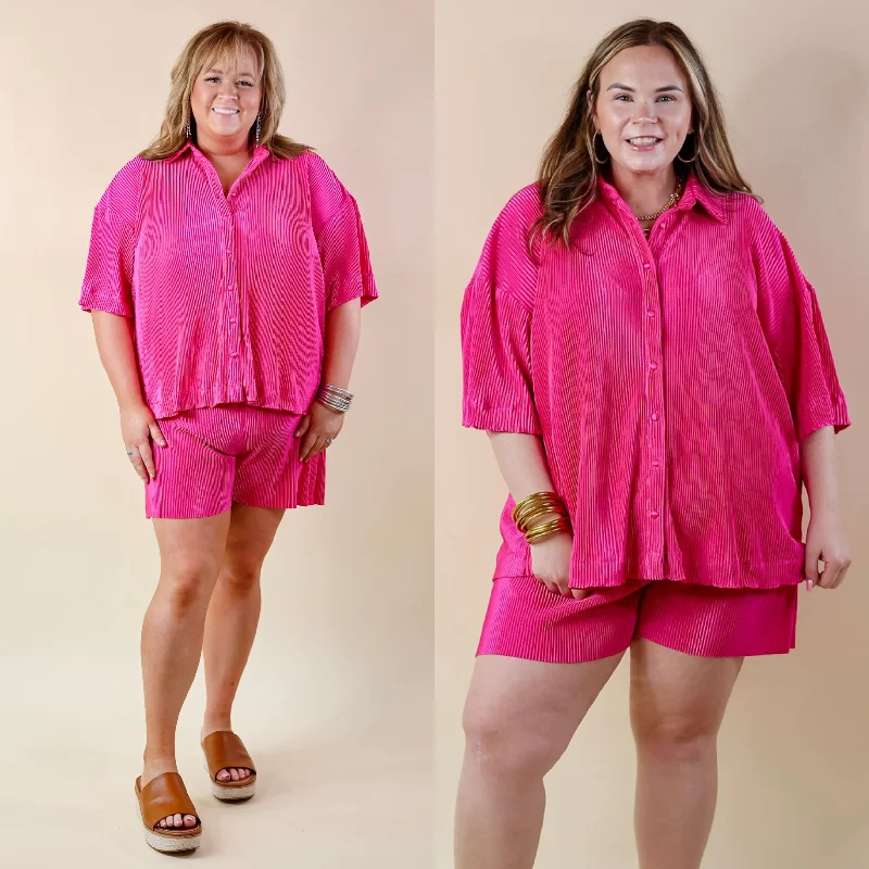 Evening Elegance Make Me Dance Plissé Ribbed Button Up Top in Pink