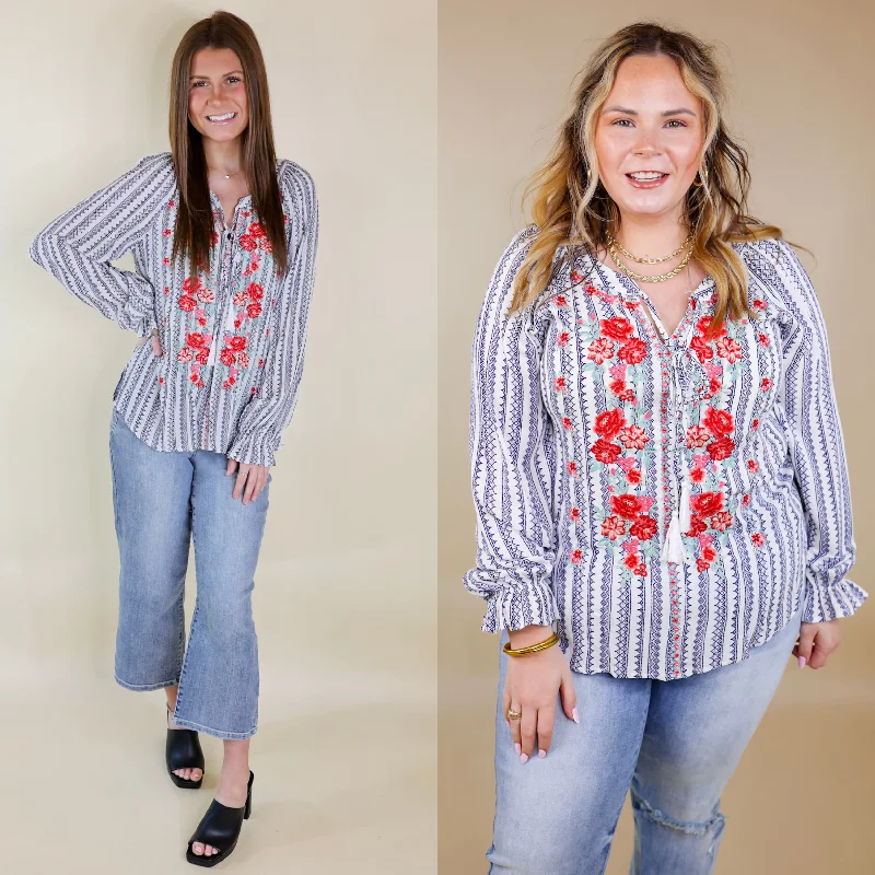 Stylish Looks Blissful Beginnings Floral Embroidered Top with Keyhole and Tie Neck in Navy and White