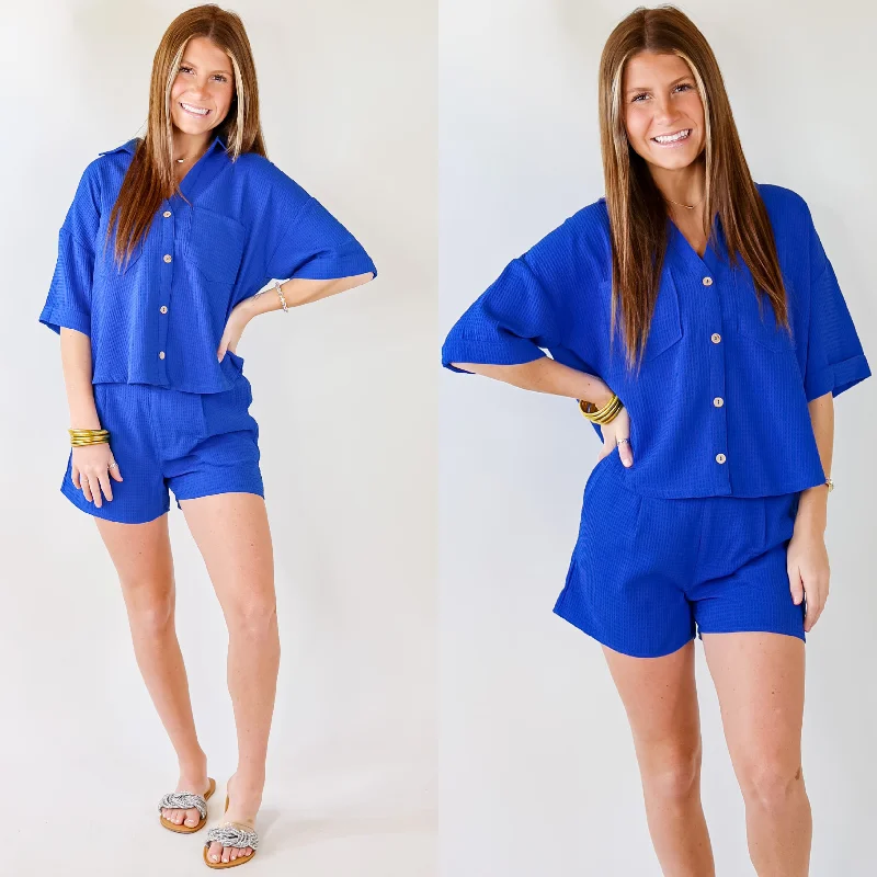 Low Price Special Time To Go Waffle Weave Button Up Top in Royal Blue