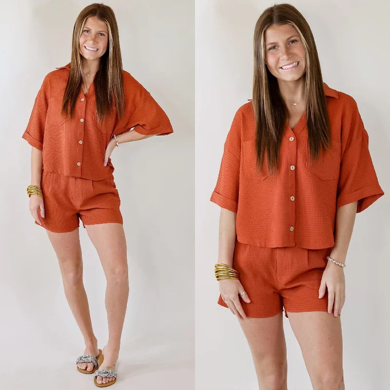 Hurry Before It's Gone Time To Go Waffle Weave Button Up Top in Spice Brown