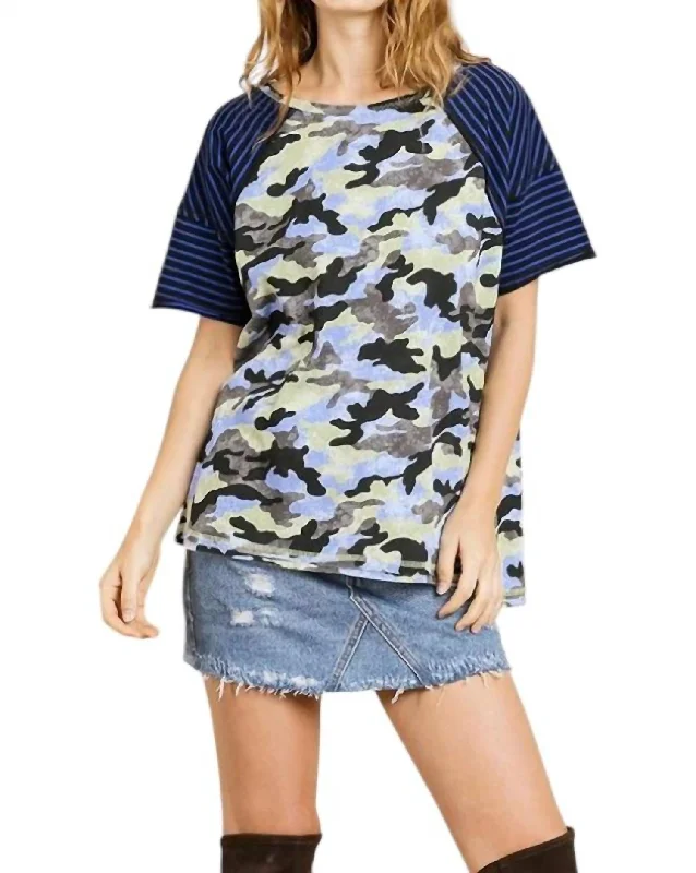 Stylish Statements Camo & Striped Top In Blue