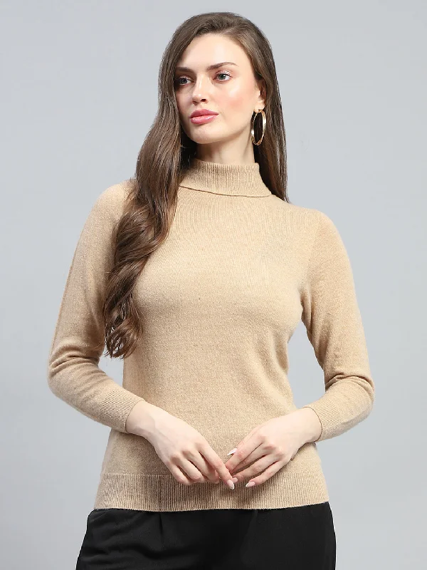 Style Upgrade Women Beige Solid High Neck Full Sleeve Winter Tops