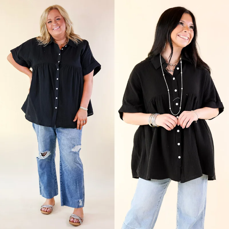 Huge Markdowns Mellow Mood Collared Button Up Babydoll Top in Black