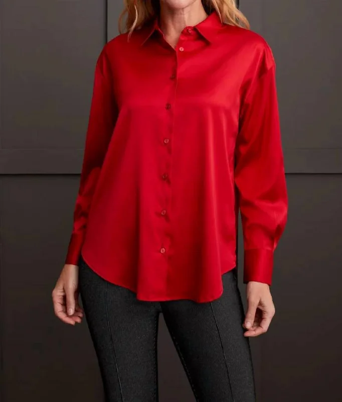 Quick Grab Deals Flowy Satin Button Shirt In Scarlet