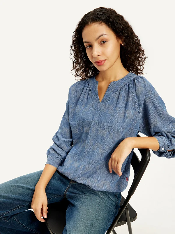 End Of Season Sale Women's Textured Blue Peasant Top