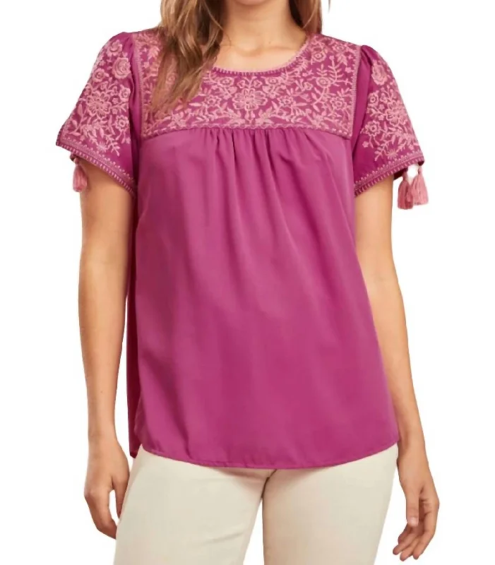 Exclusive Fashion Deals Tonal Embroidery Babydoll Top In Magenta