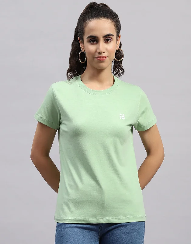 Evening Elegance Women Green Solid Round Neck Half Sleeve Top