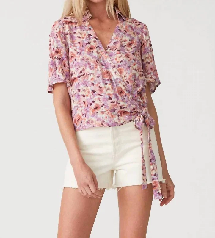 Fashion Sale Posey Floral Flutter Sleeve Wrap Top In Dusty Purple/taupe