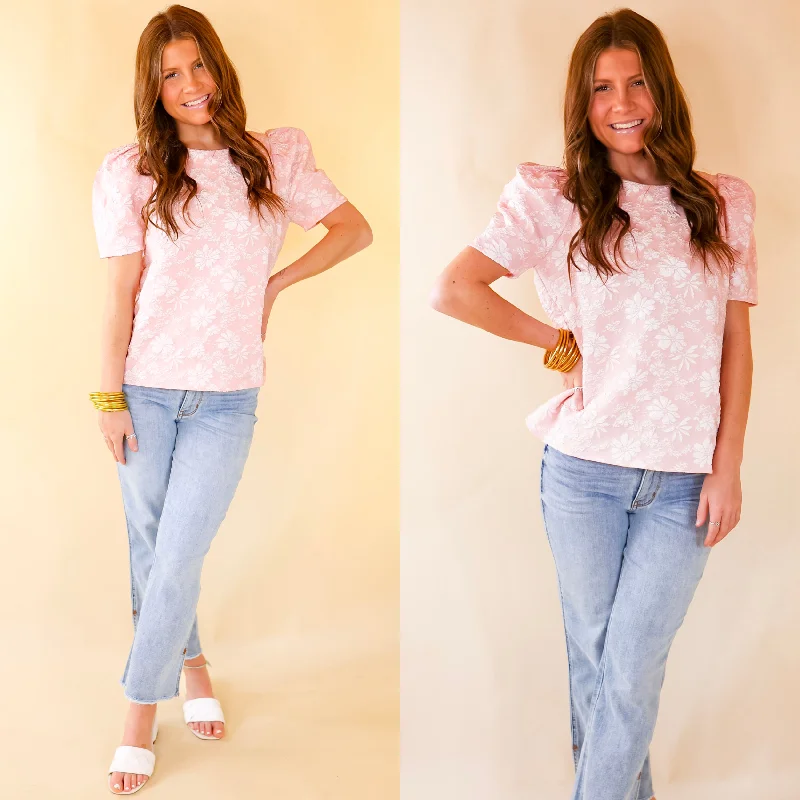 Style Redefined Fab Feeling Puff Shoulder Floral Embossed Top in Light Pink