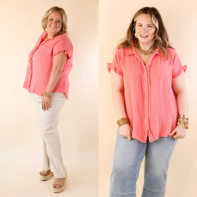 Budget Friendly Right On Cue Button Up Raw Hem Top in Coral Pink