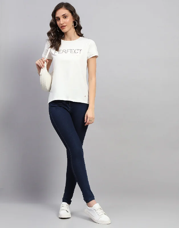 Affordable Luxury Fashion Women White Solid Round Neck Half Sleeve Top