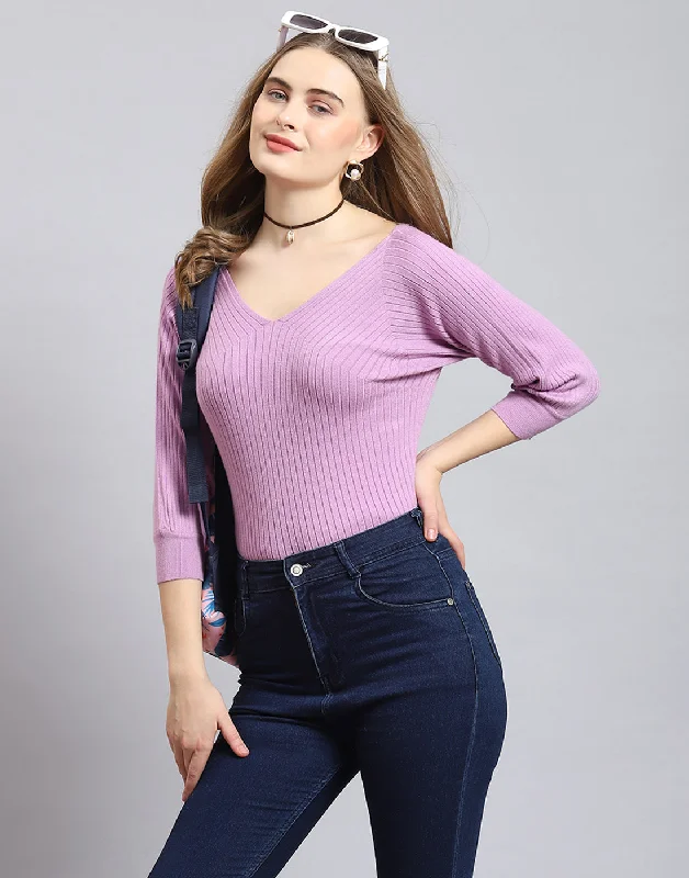 Special Offers Women Purple Solid V Neck 3/4 Sleeve Top