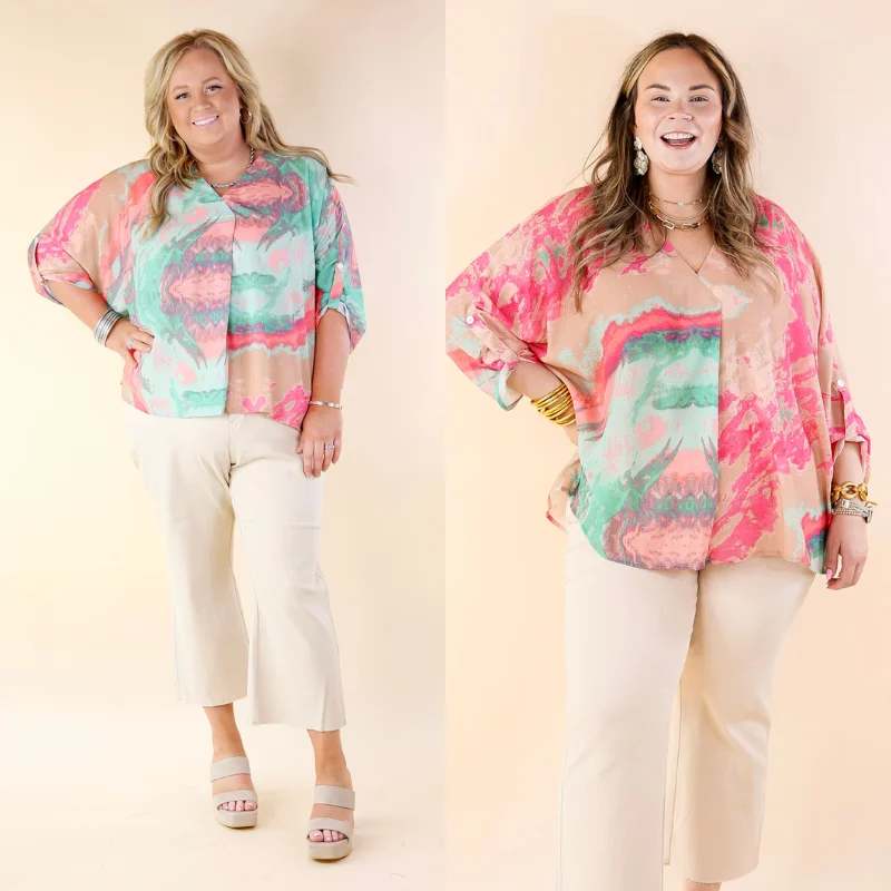 High-End Style Discounts Colorful Dreams Half Sleeve Top With Pink Marble Print in Beige