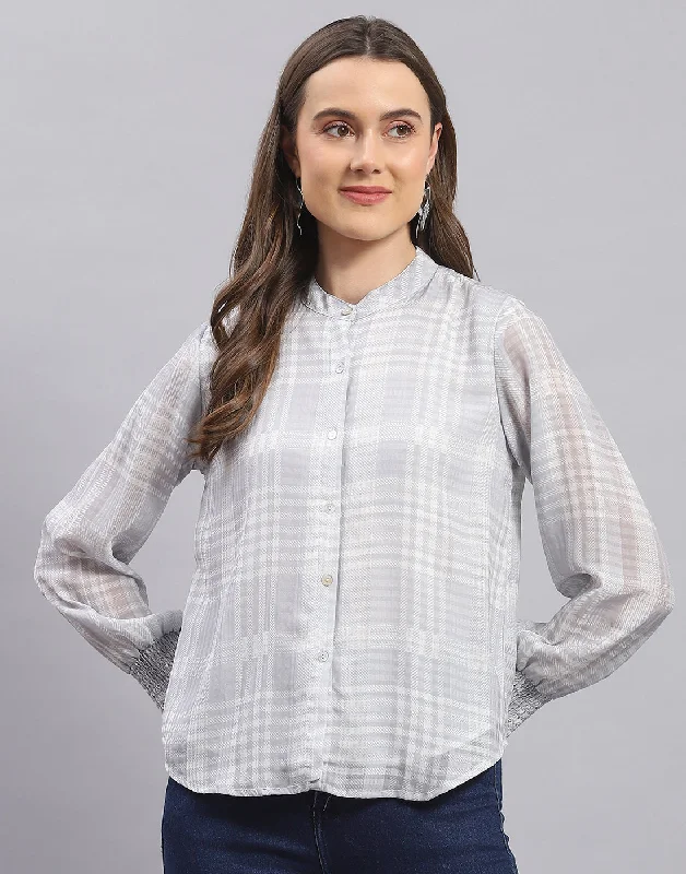 Seasonal Style Discounts Women Grey Check Mandarin Collar Full Sleeve Top