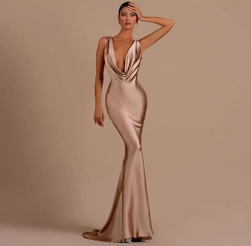 Chic Women's Outfit Exclusive Deals Online Backless Deep V Satin Maxi Dress