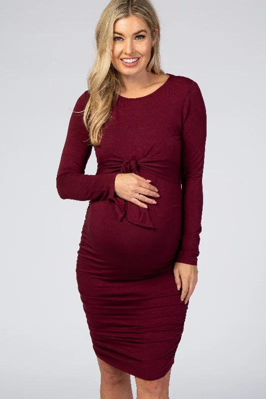 Comfortable Women's Clothing Final Sale Burgundy Ruched Fitted Front Bow Maternity/Nursing Dress