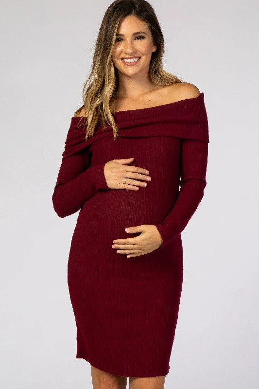 Women's Seasonal Apparel Latest Trends Burgundy Soft Ribbed Folded Neck Off Shoulder Maternity Dress