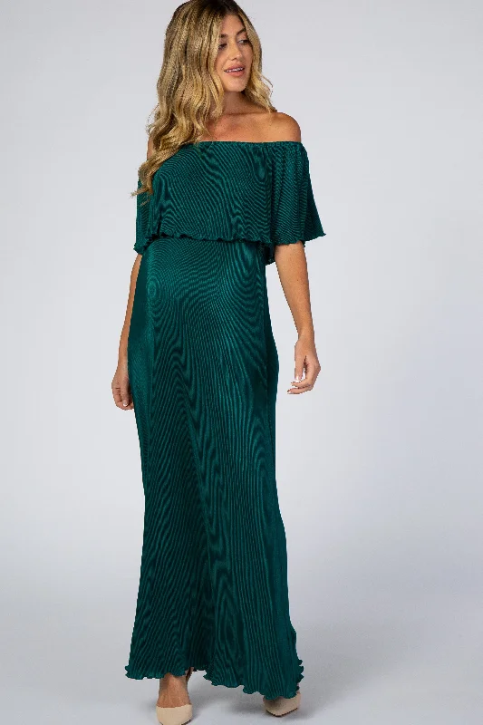 Classic Clothes For Women Sleek Style Discounts Forest Green Pleated Ruffle Off Shoulder Maternity Maxi Dress