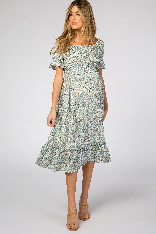 Women's Tailored Outfit Special Offers Light Blue Floral Ruffle Maternity Midi Dress