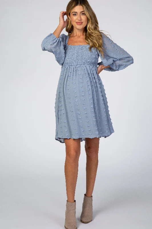 Women's Vintage Clothes Fashionable Comfort Promotions Light Blue Textured Dot Smocked Square Neck Chiffon Maternity Dress