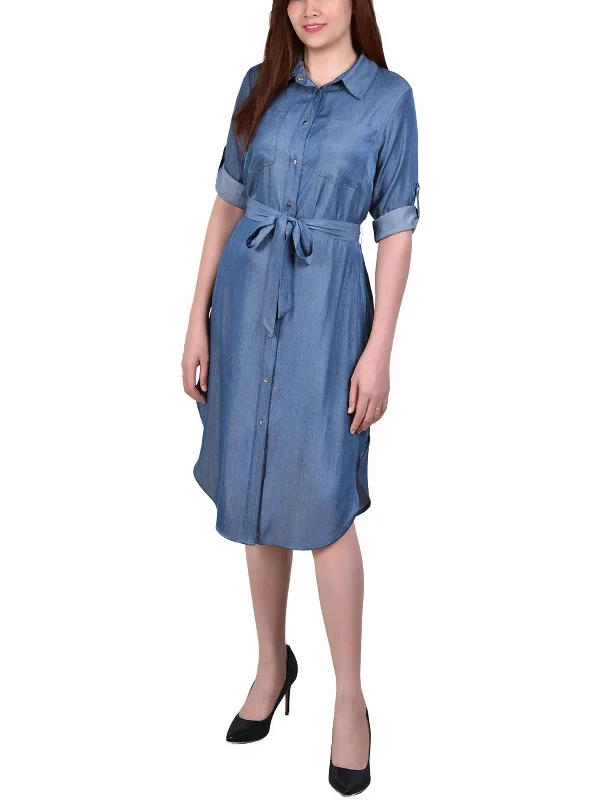 Fashionable Women's Casual Apparel Stylish Statements Petites Womens Denim Roll Sleeves Shirtdress