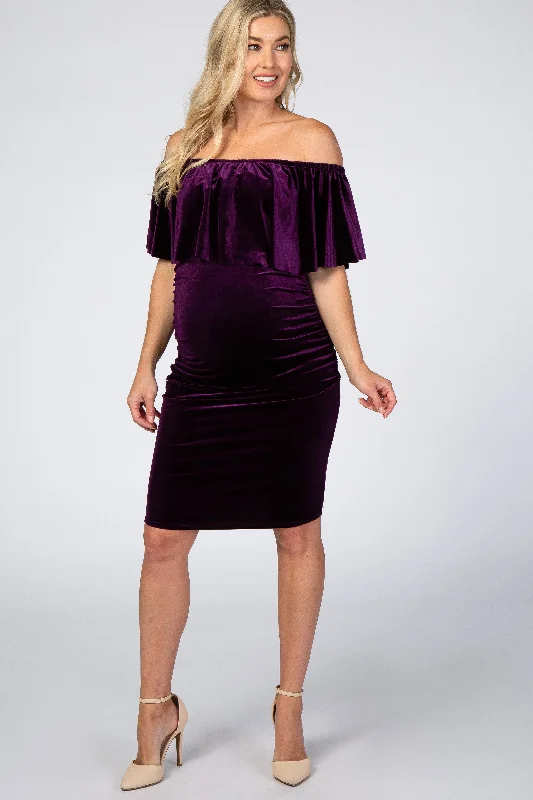 Women's Outerwear Apparel Sophisticated Style Offers Purple Velvet Off Shoulder Fitted Maternity Dress