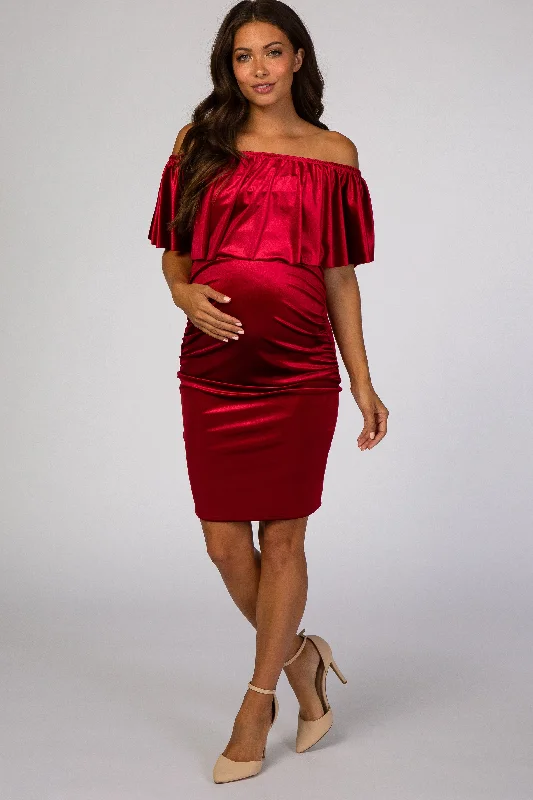 Women's Stylish Professional Apparel Classic Chic Deals Red Velvet Off Shoulder Fitted Maternity Dress