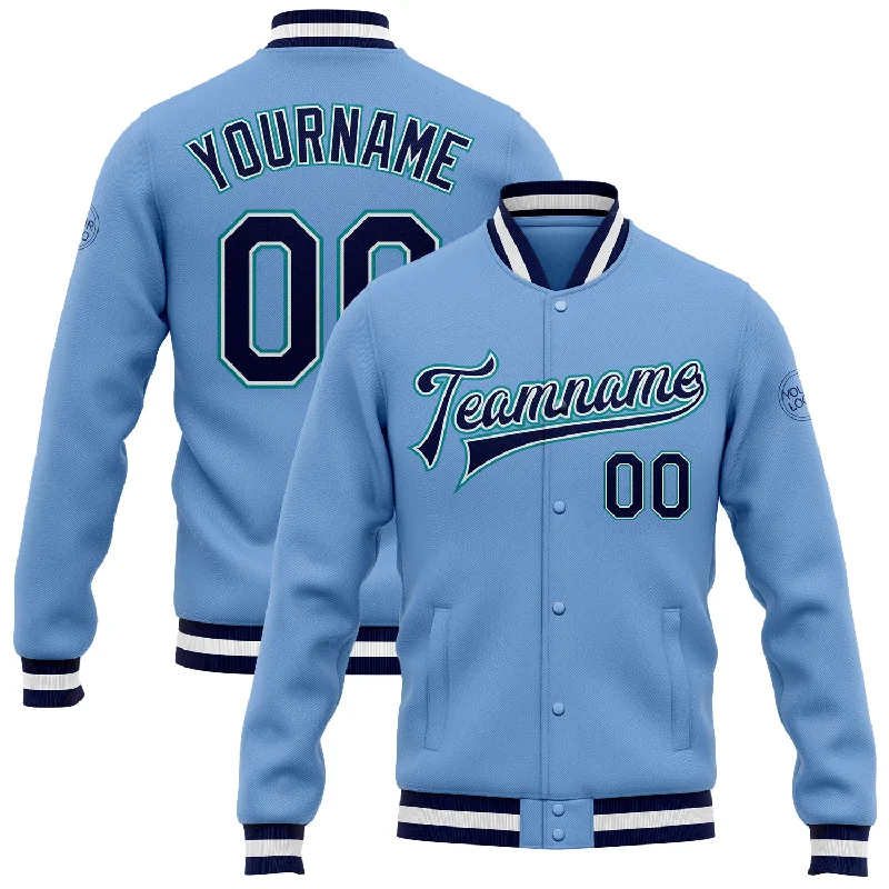 Sustainable Gender-Neutral Apparel Big Discounts Custom Light Blue Navy-Aqua Bomber Full-Snap Varsity Letterman Jacket