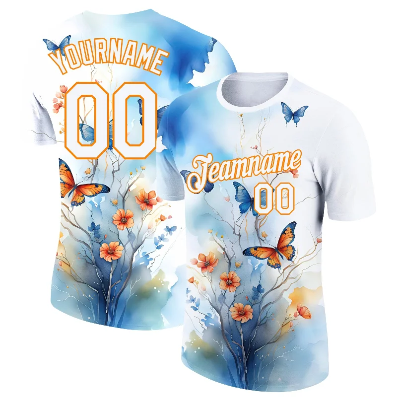 Everyday Wear For Men And Women Trendy Threads Custom White Bay Orange 3D Pattern Design Flower With Butterfly Performance T-Shirt