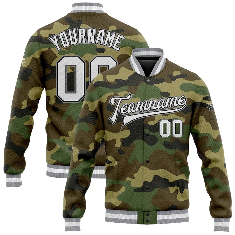 Minimalist Unisex Wardrobe Must-Haves Limited Time Flash Sale Custom Camo White Black-Gray Bomber Full-Snap Varsity Letterman Salute To Service Jacket