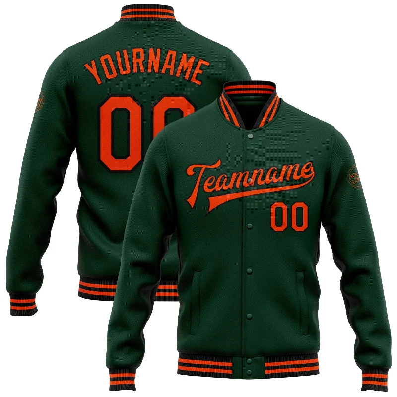 Minimalist Unisex Fashion Essentials Budget Friendly Custom Green Orange-Black Bomber Full-Snap Varsity Letterman Jacket