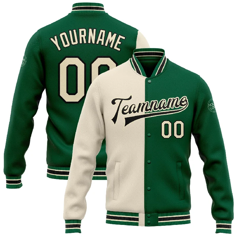 Unisex Casual Wear For All Seasons Glamorous Fashion Offers Custom Kelly Green Cream-Black Bomber Full-Snap Varsity Letterman Split Fashion Jacket