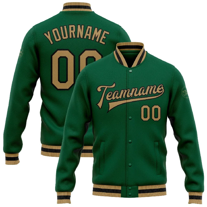 Versatile Unisex Layering Pieces Final Sale Custom Kelly Green Old Gold-Black Bomber Full-Snap Varsity Letterman Jacket