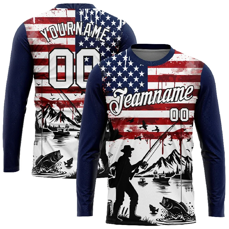 All-Season Unisex Clothing Collection Refined Fashion Sale Custom Navy Black-Red 3D American Flag And Fish Fishing Long Sleeve Performance T-Shirt