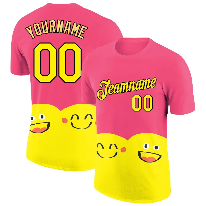 Unisex Casual Wear For All Seasons Limited Edition Custom Neon Pink Light Yellow-Black 3D Pattern Design Smile Emoji Performance T-Shirt