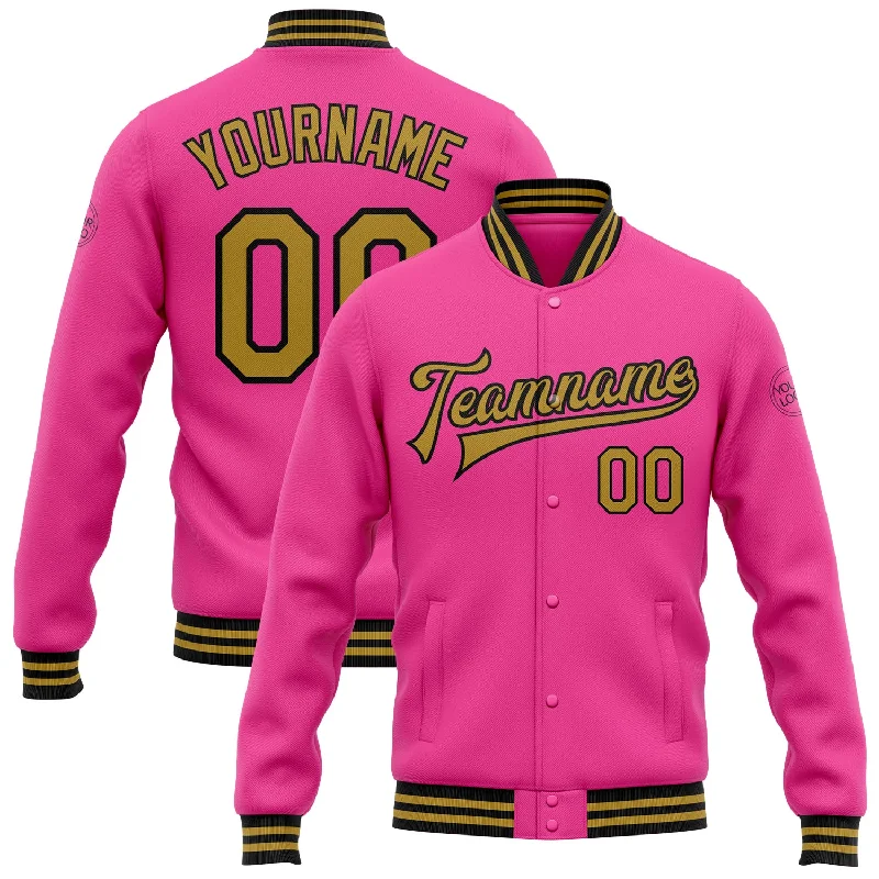 Casual And Trendy Unisex Fashion Staples Stylish Deals Custom Pink Old Gold-Black Bomber Full-Snap Varsity Letterman Jacket